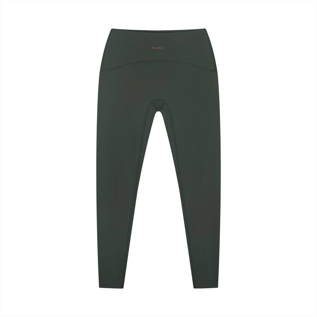 Dark green leggings with a brand logo on a white background