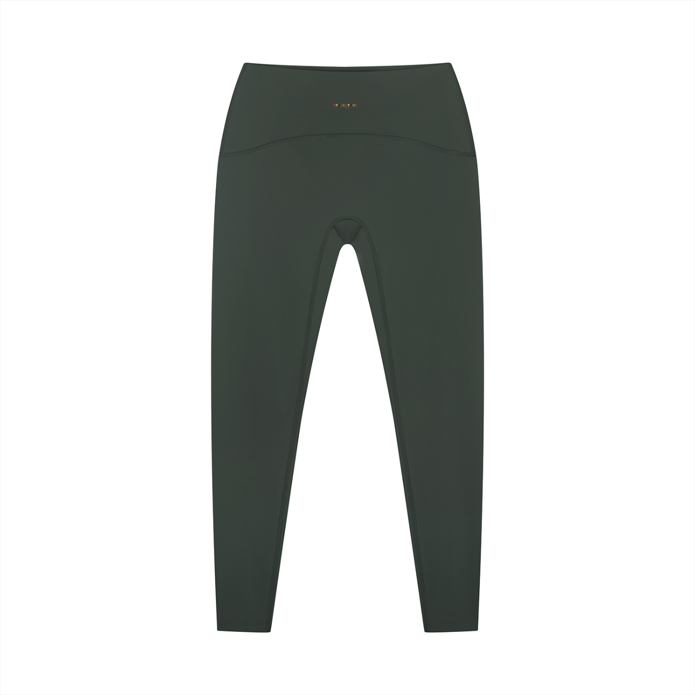 Dark green leggings with a brand logo on a white background