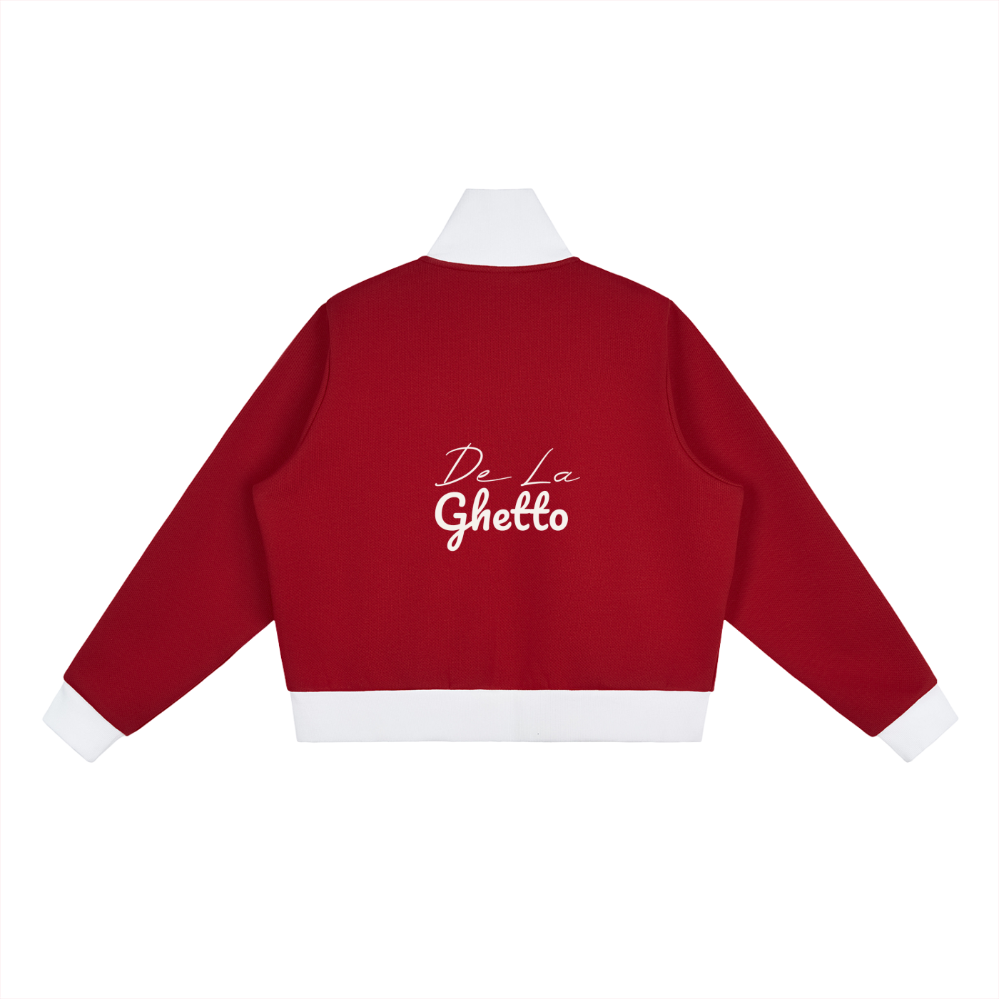 Red jacket with 'De La Ghetto' text on the back against a white background