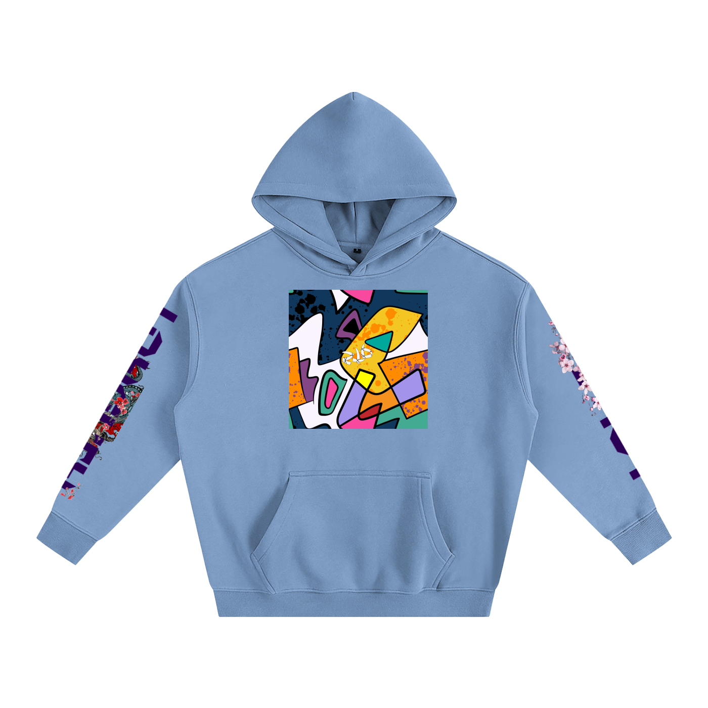 Light blue hoodie with colorful geometric design on a white background