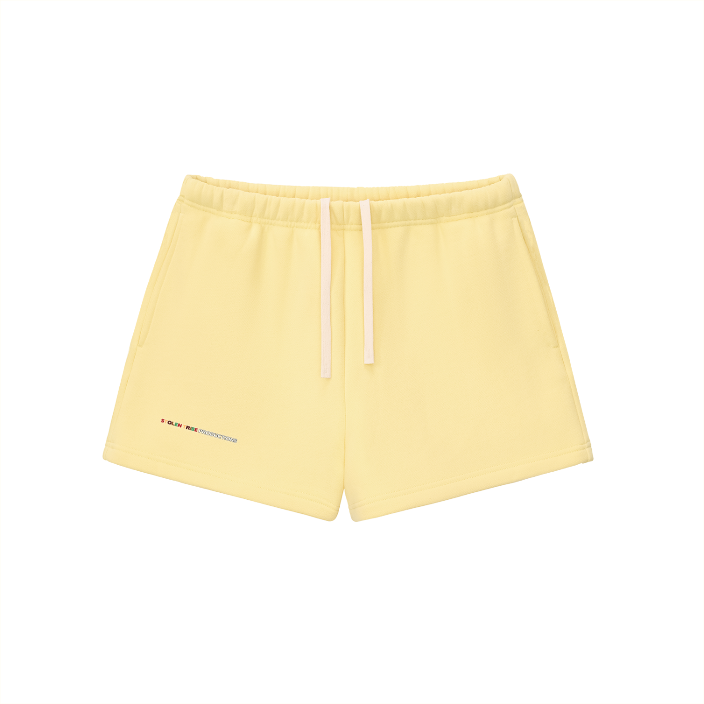 Yellow shorts with a brand logo on a white background