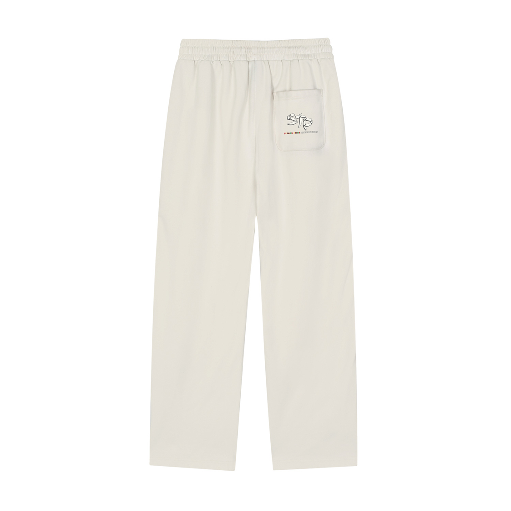 White pants with a logo on a white background