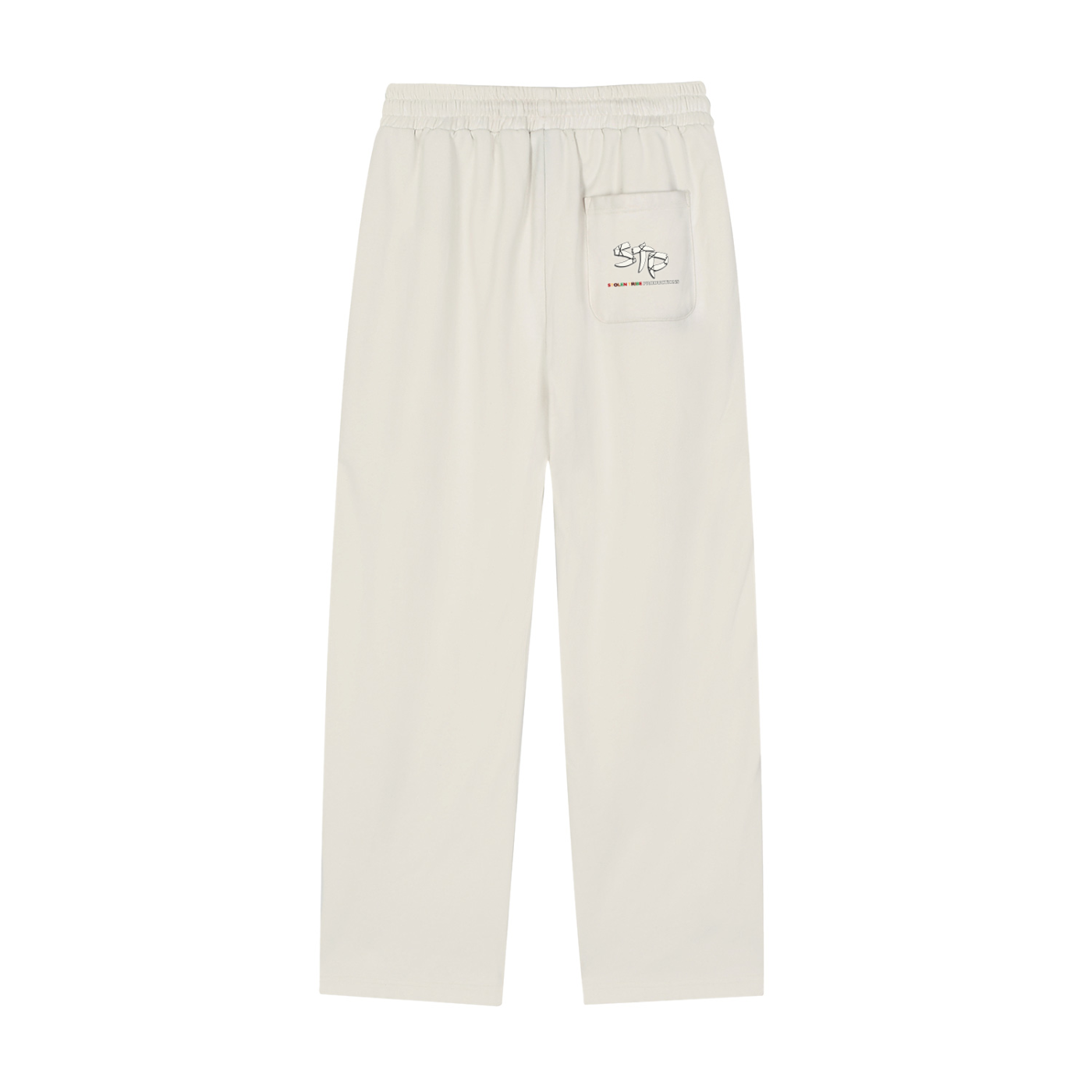 White pants with a logo on a white background