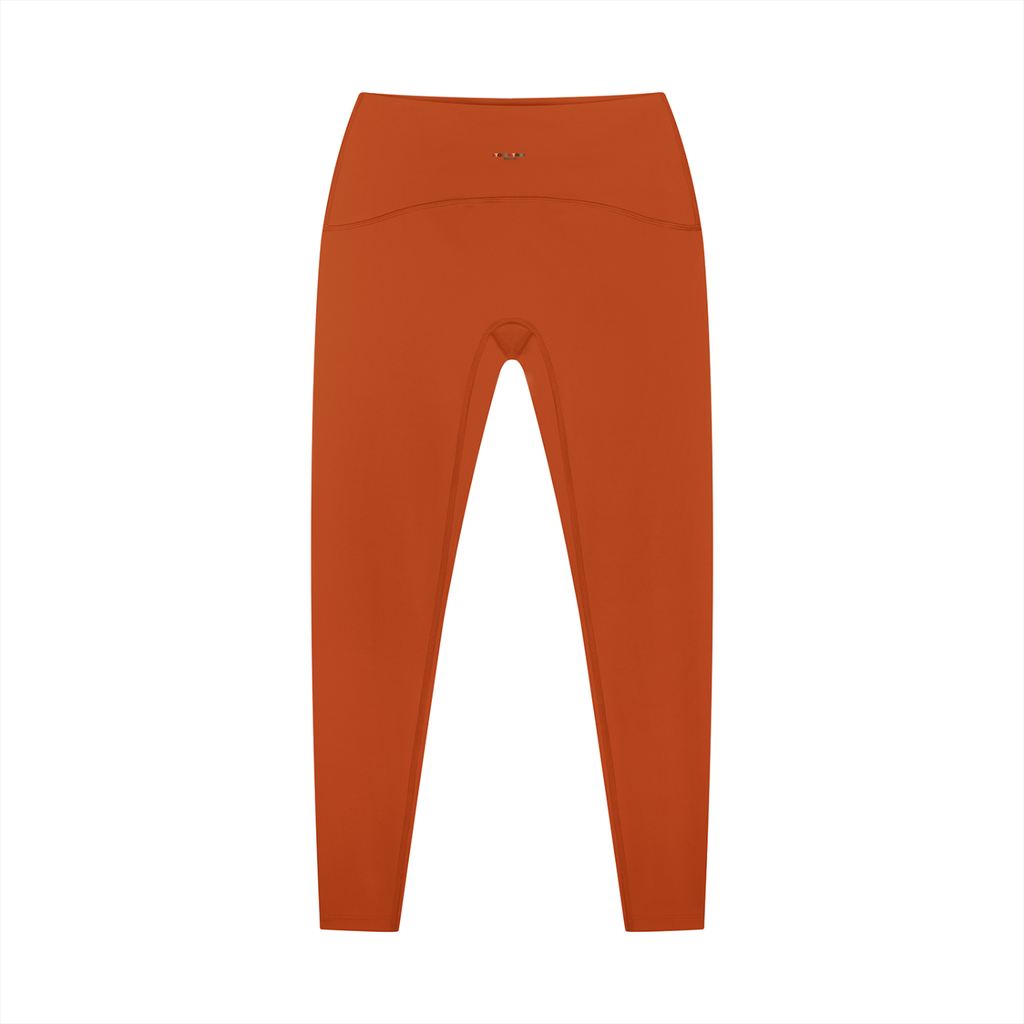 Orange leggings with yellow text on a white background