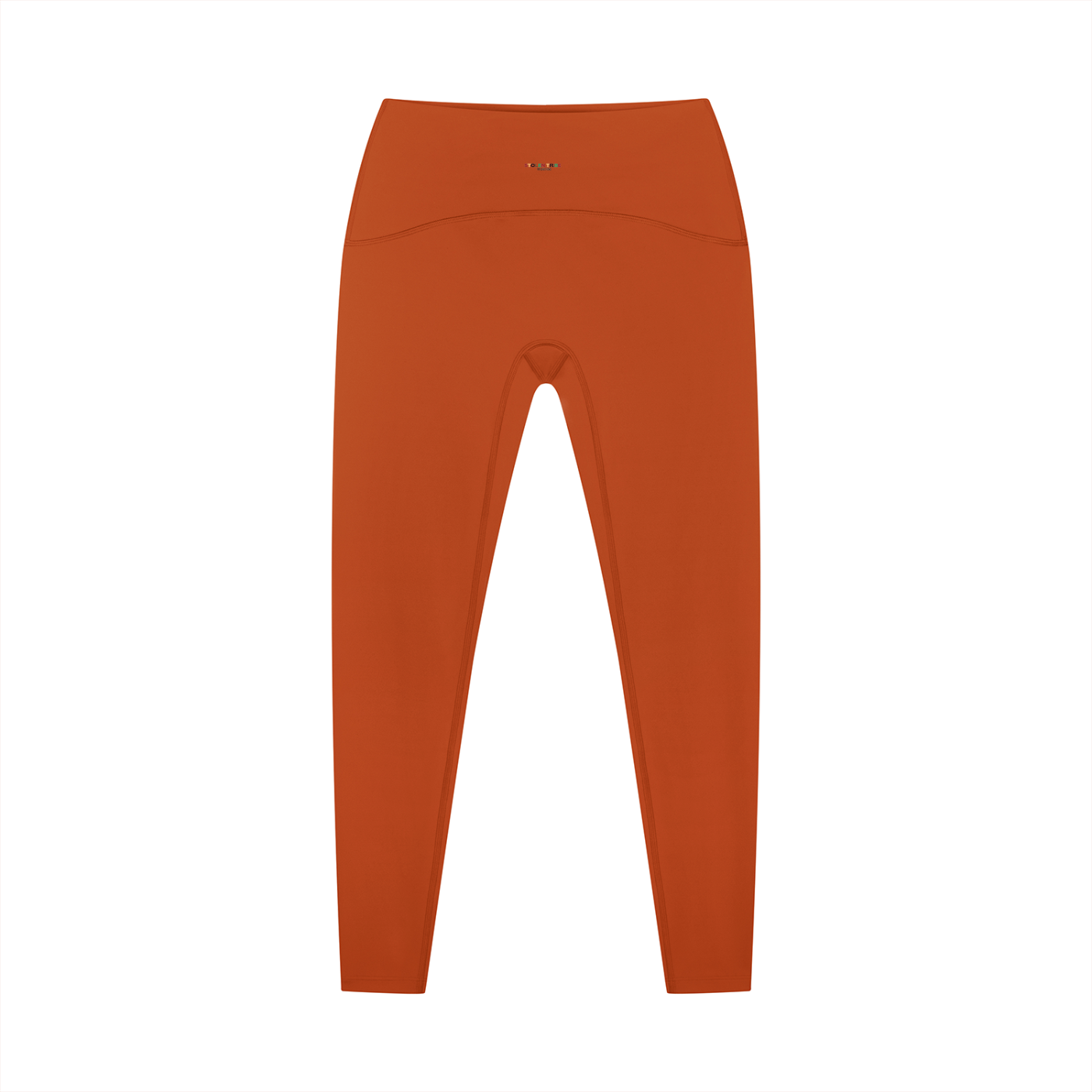 Orange leggings with yellow text on a white background