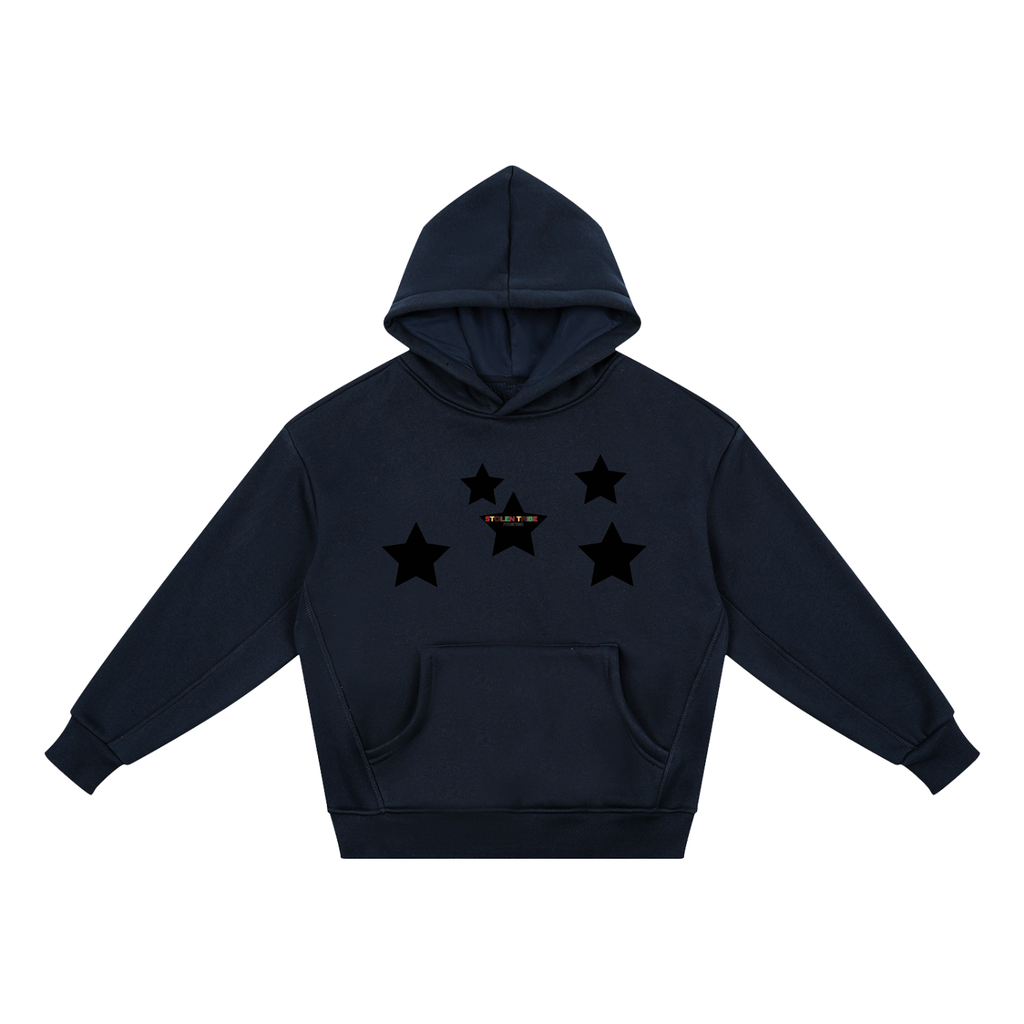 Black hoodie with star designs on a white background
