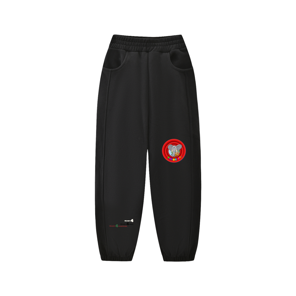 Black sweatpants with a red and yellow logo on a white background