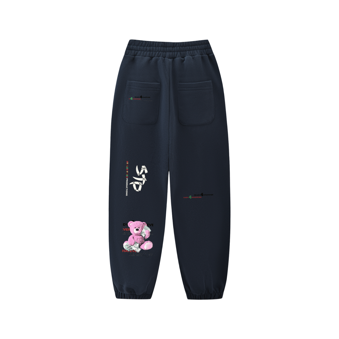 Navy blue pants with a teddy bear design and text on a white background