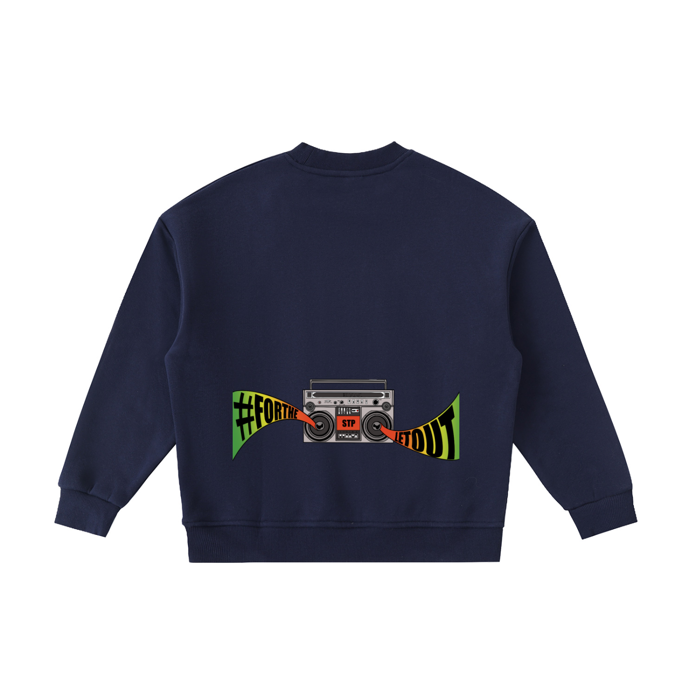 Navy blue sweatshirt with a graphic design on the back against a white background