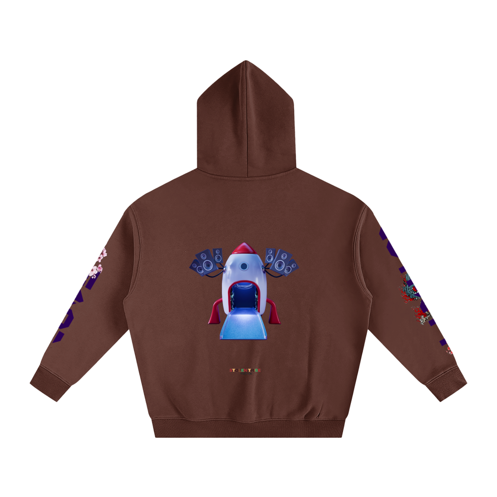 Brown hoodie with a colorful graphic on the back against a white background