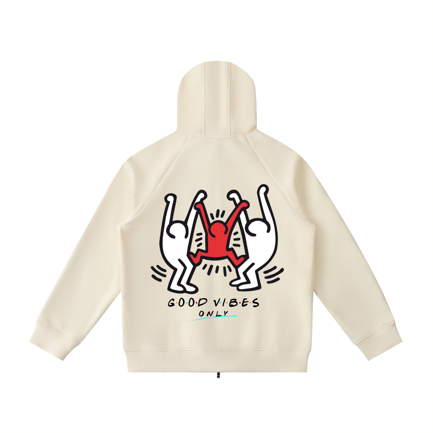 Beige hoodie with a graphic design on the back on a white background