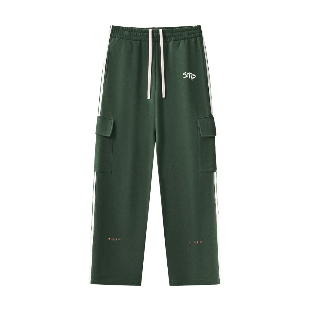 Green cargo pants with white stripes on a white background