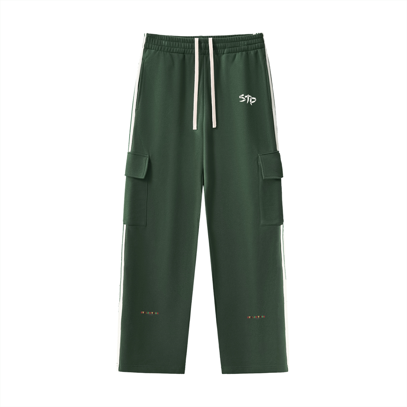 Green cargo pants with white stripes on a white background