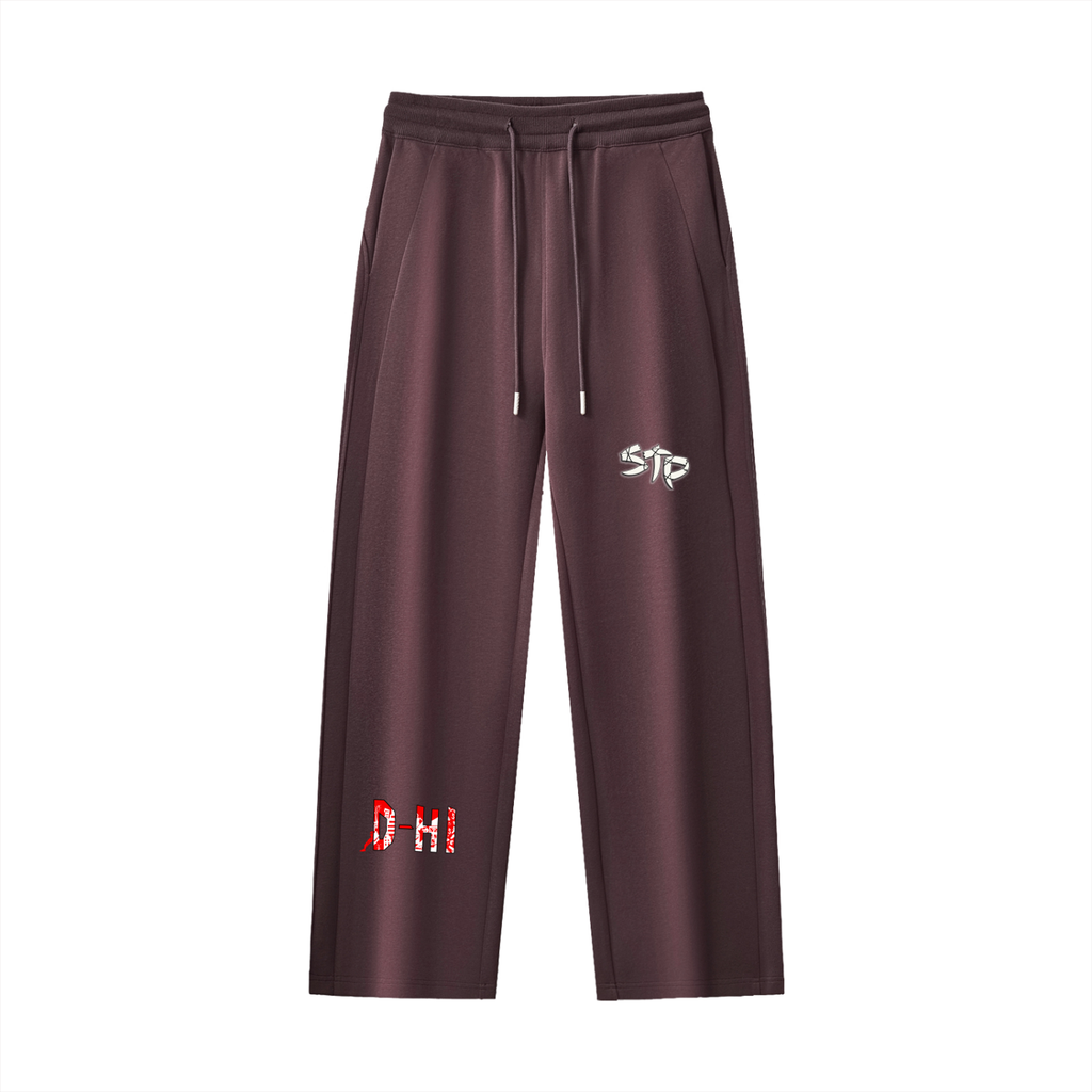 Maroon sweatpants with white and red text on a white background