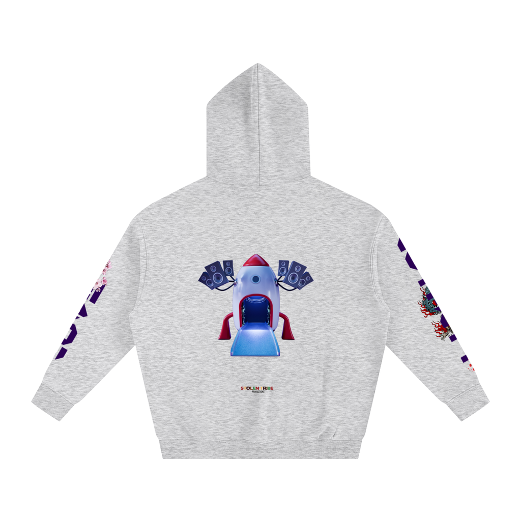 Gray hoodie with colorful rocket design on a white background