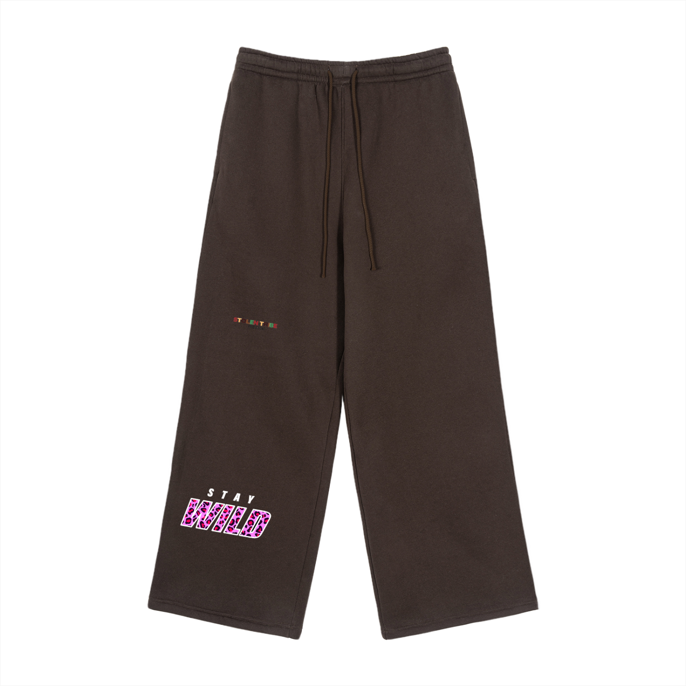 Brown sweatpants with text on a white background