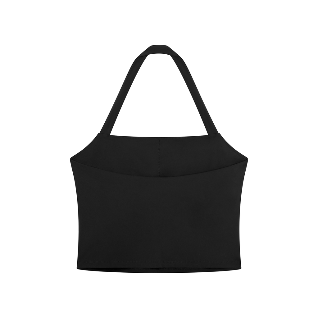 Black crop top with thin straps on a white background