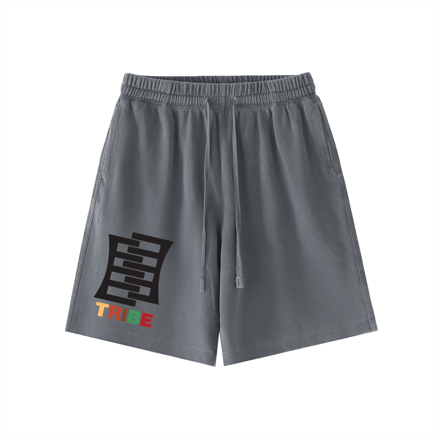 Gray shorts with a logo on a white background