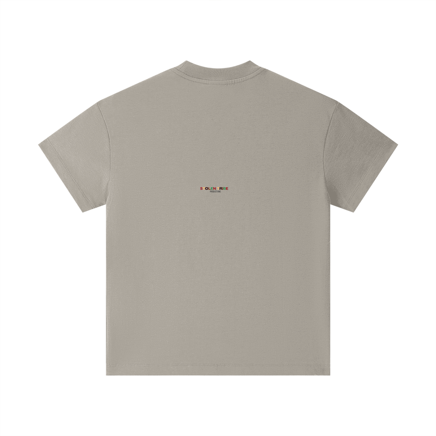 Beige t-shirt with a small logo on the back against a white background