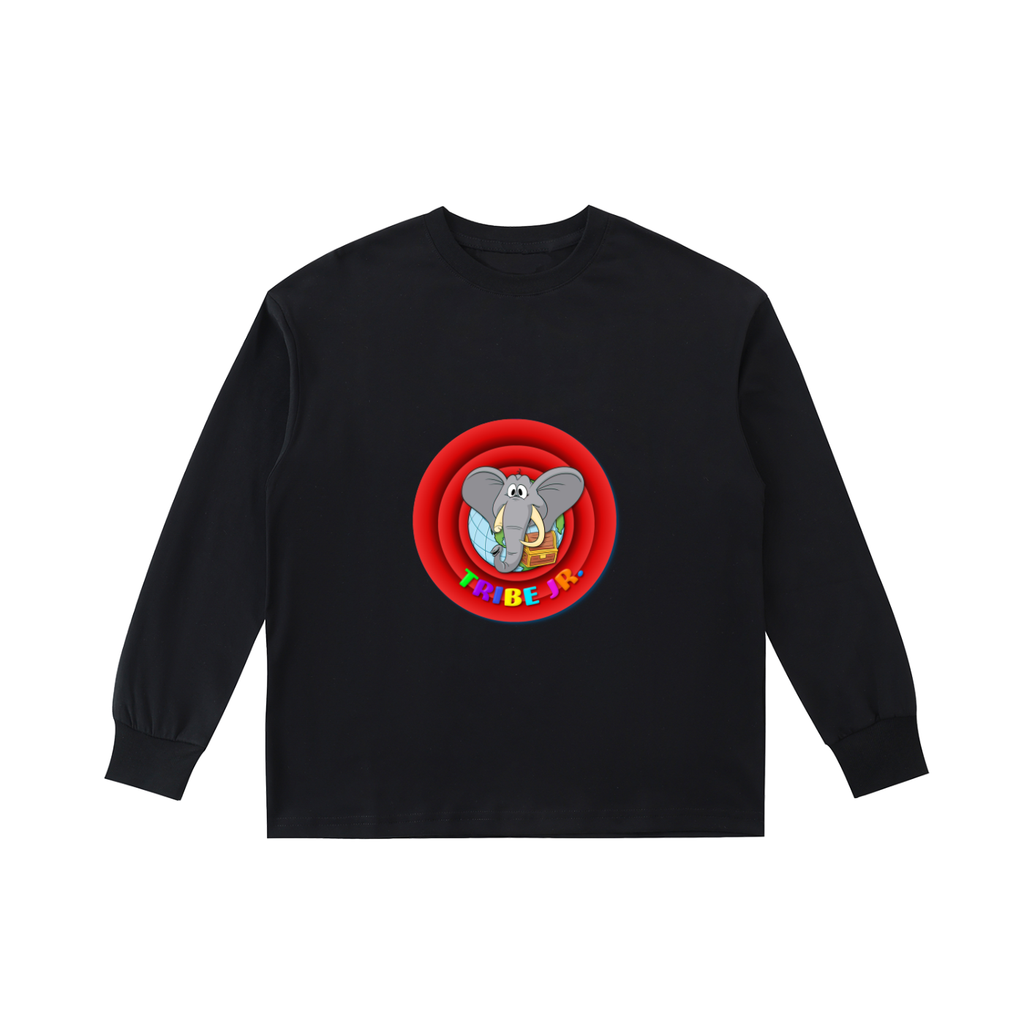 Black sweatshirt with a colorful elephant graphic and text on a white background