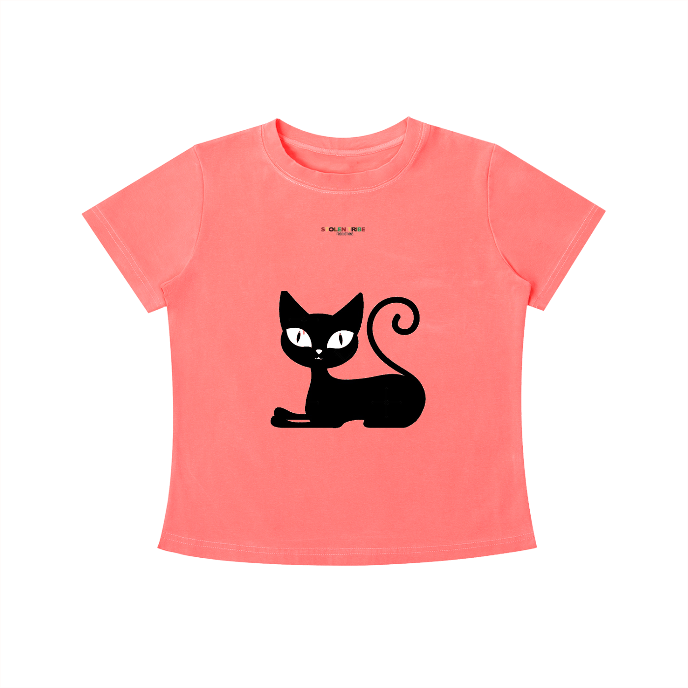 Coral t-shirt with a black cat graphic on a white background