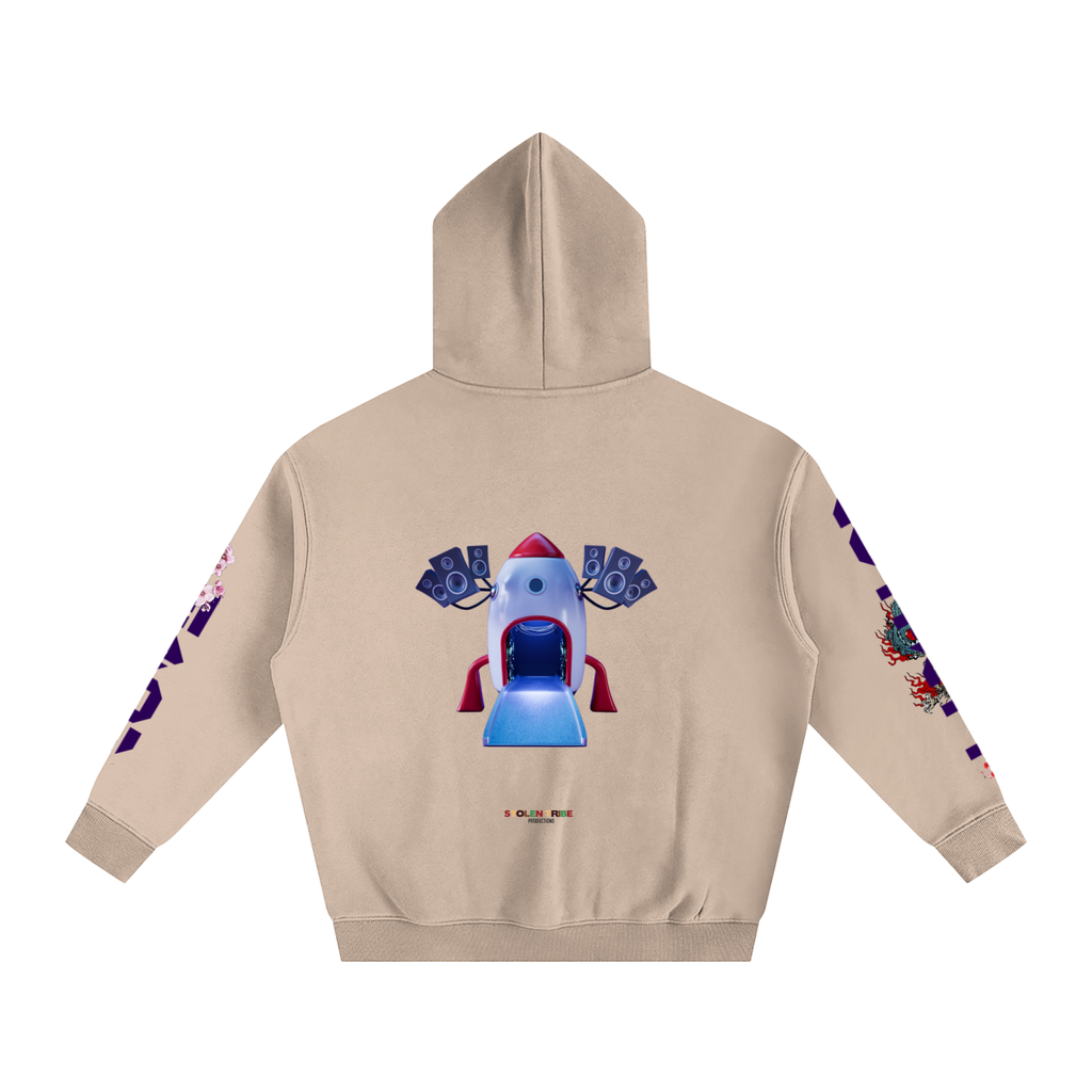 Beige hoodie with colorful designs on sleeves and back on a white background