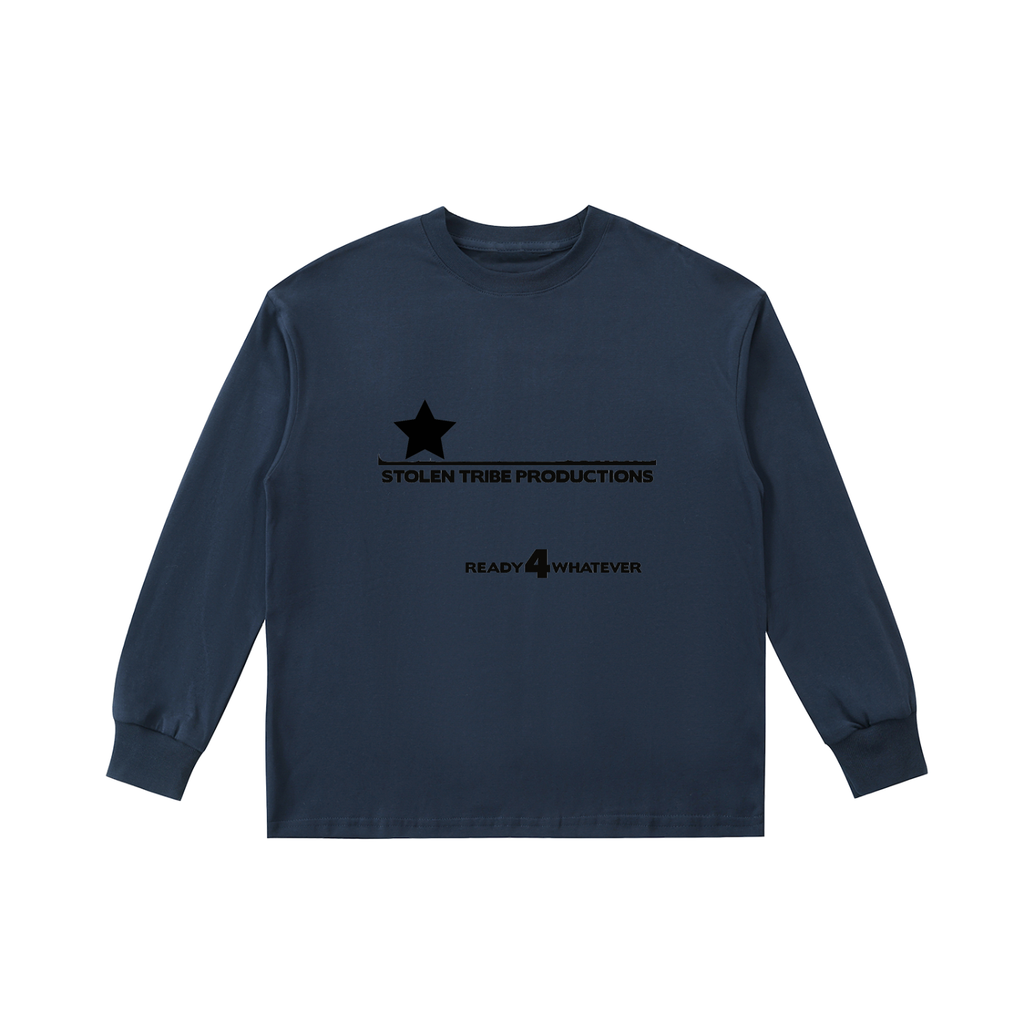 Navy long-sleeve shirt with 'Stolen Tribe Productions' logo on a white background