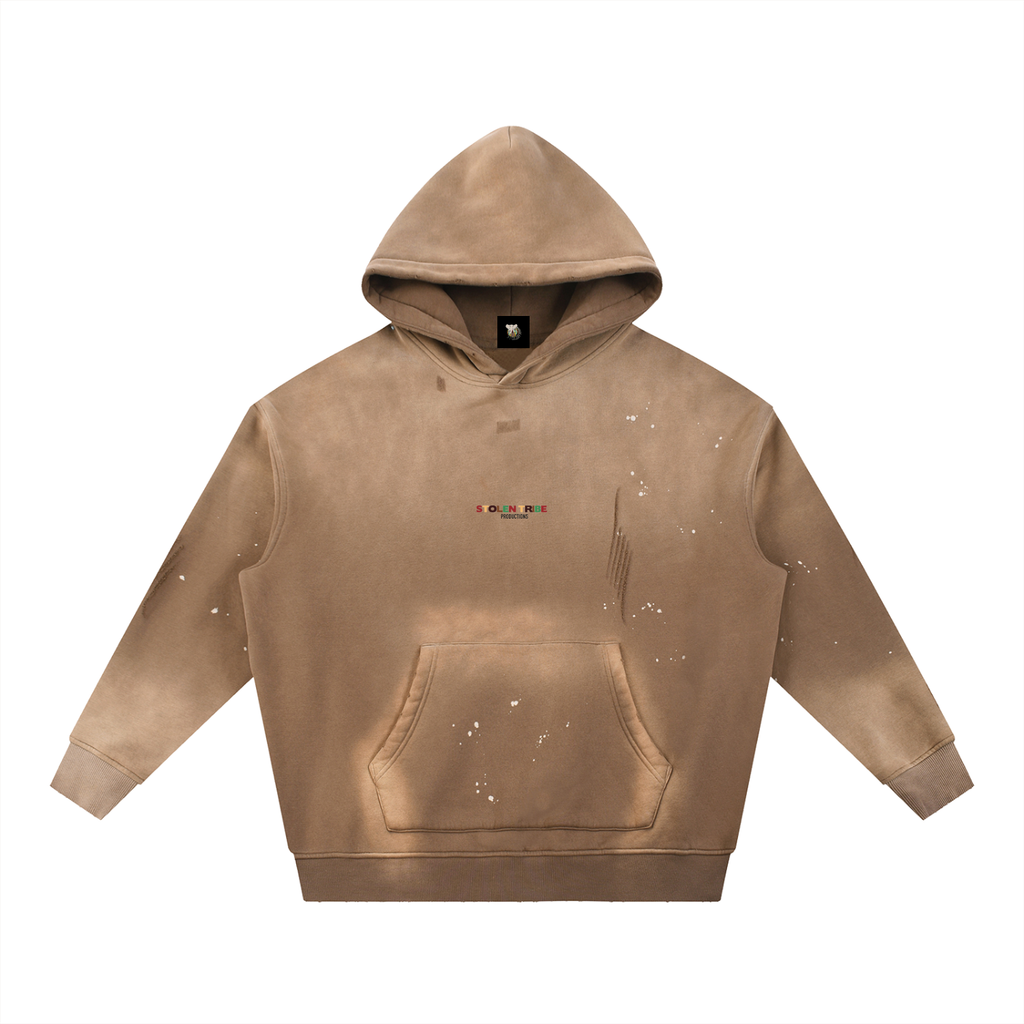 Brown hoodie with branding on a white background