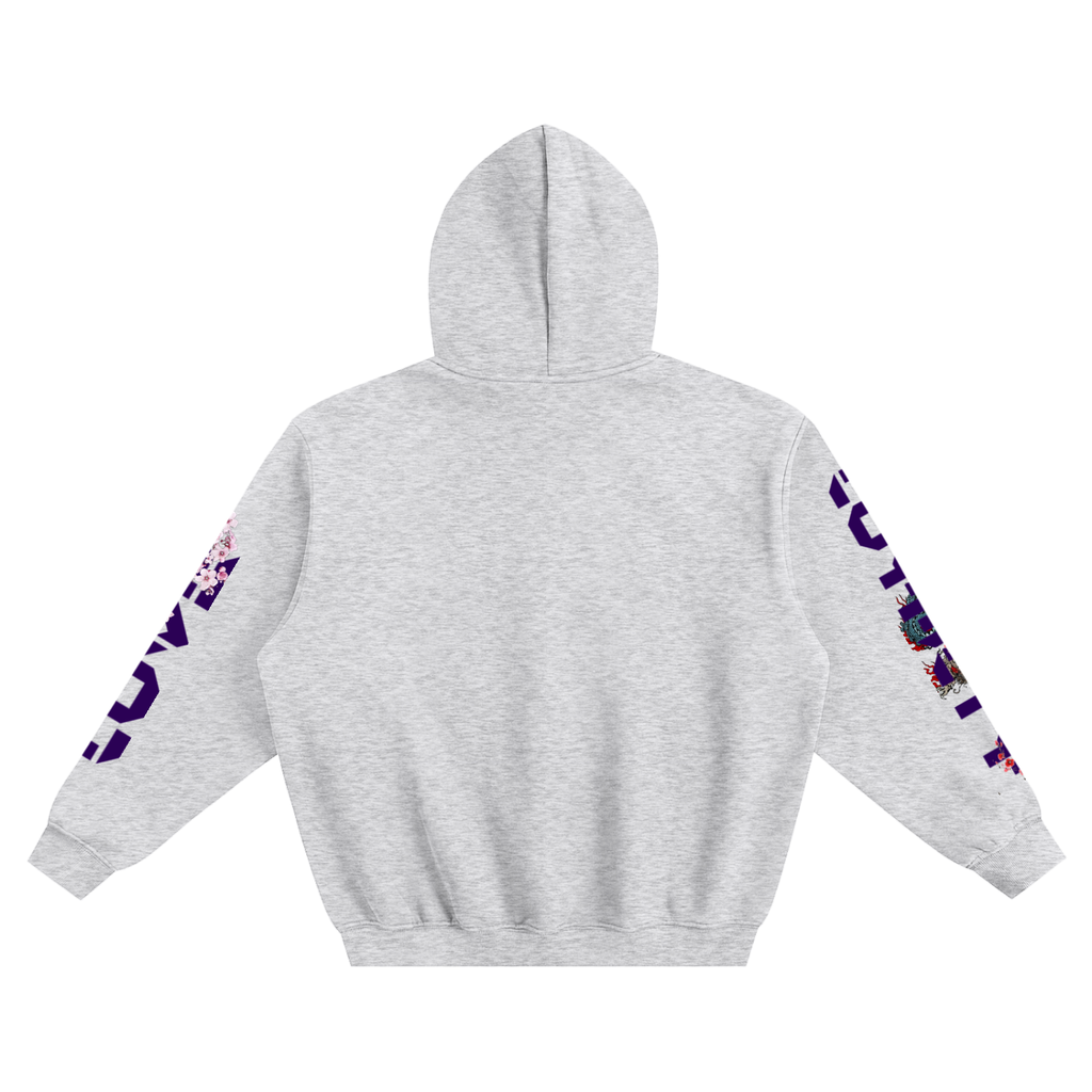 Gray hoodie with colorful designs on sleeves against a white background
