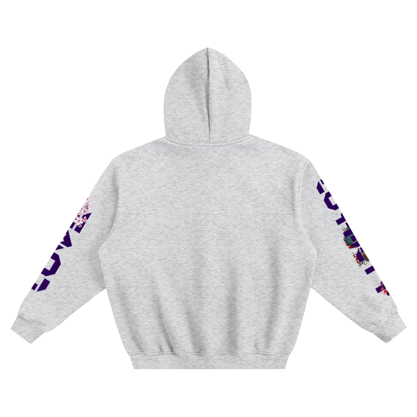 Gray hoodie with colorful designs on sleeves against a white background