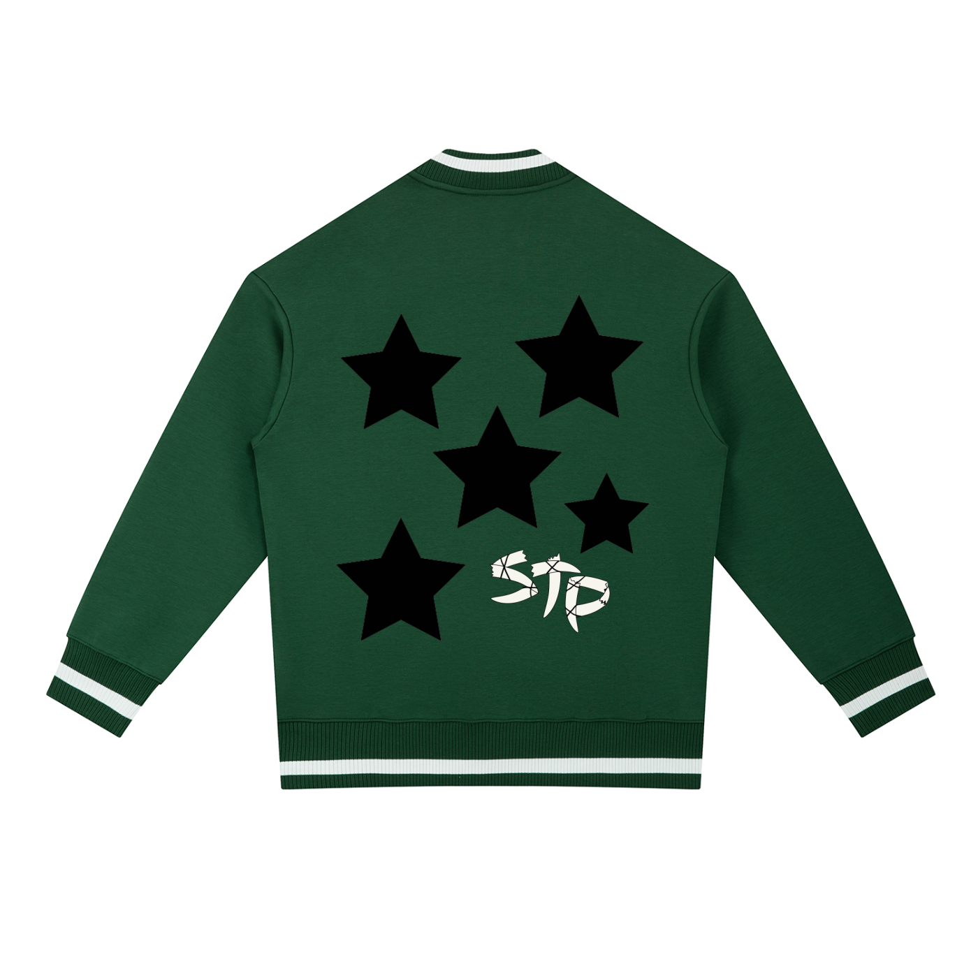 Green jacket with black stars and a logo on the back, on a white background