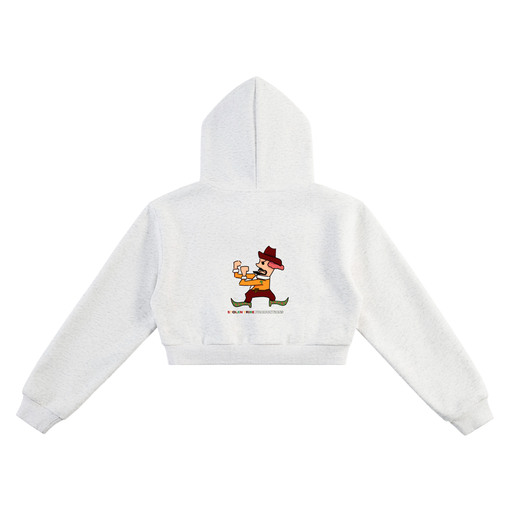White cropped hoodie with a graphic design on a white background