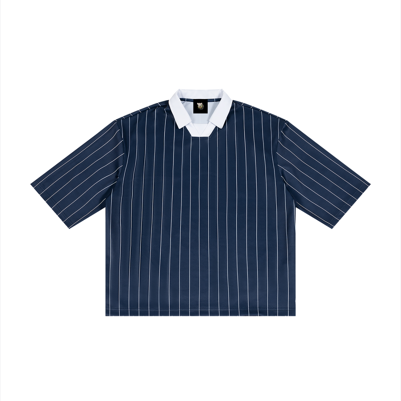 Navy pinstripe shirt with white collar on a white background