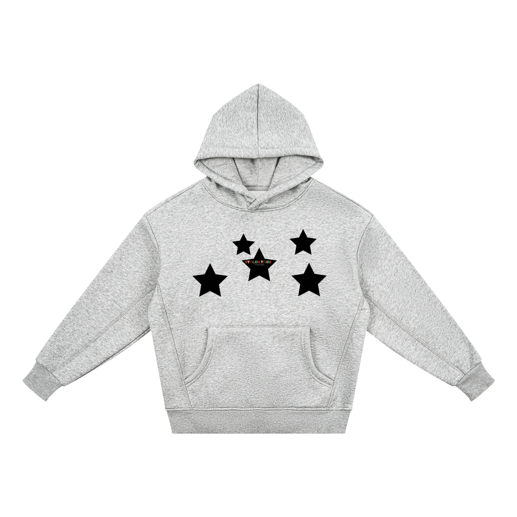 Gray hoodie with black star designs on a white background