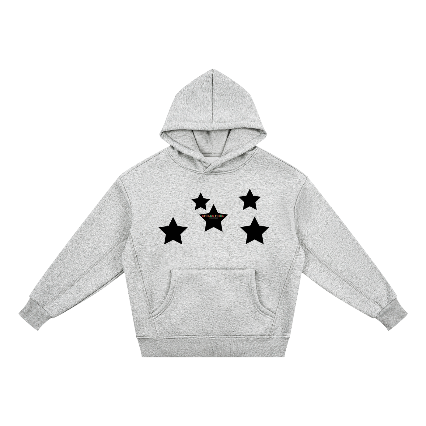Gray hoodie with black star designs on a white background