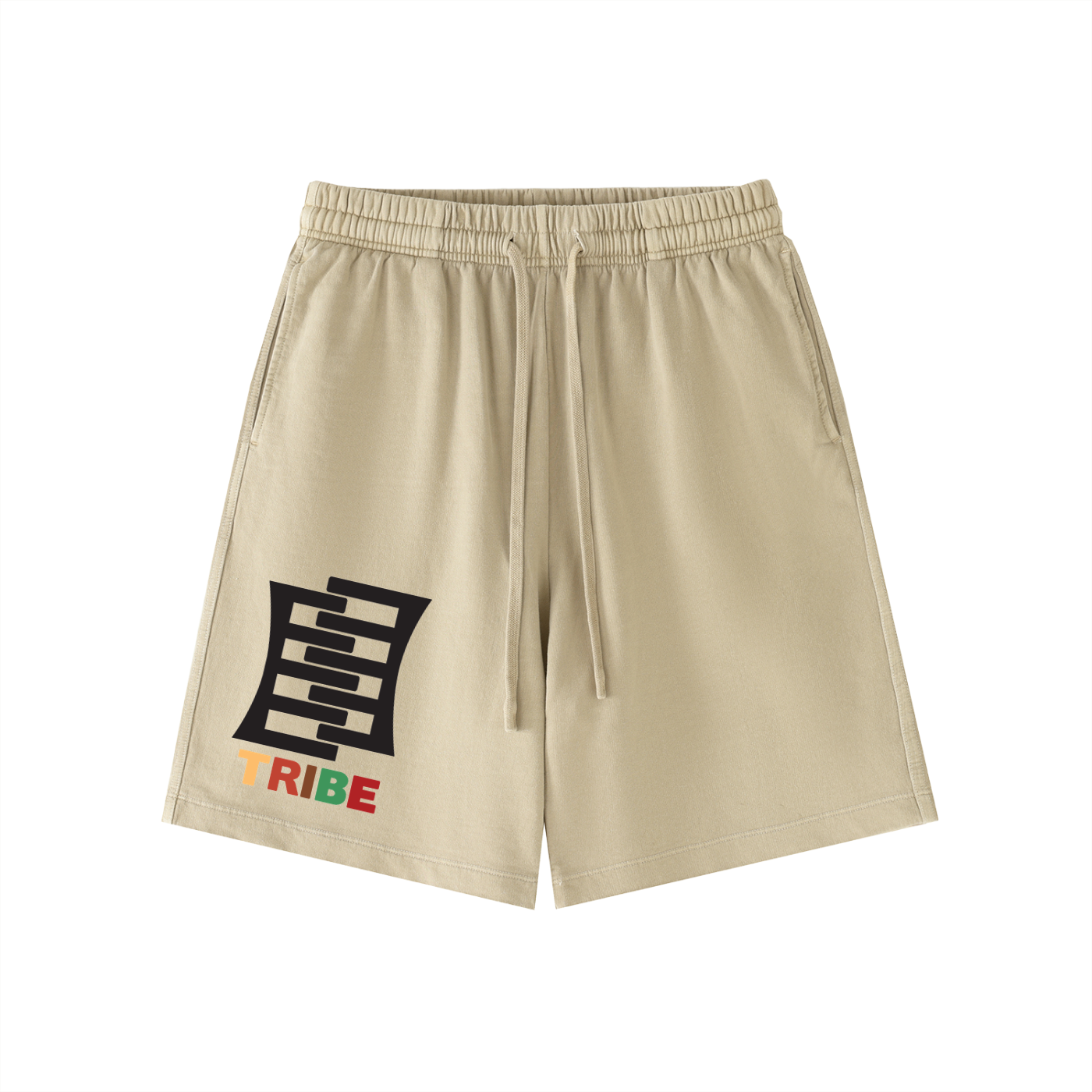 Beige shorts with a logo on a white background