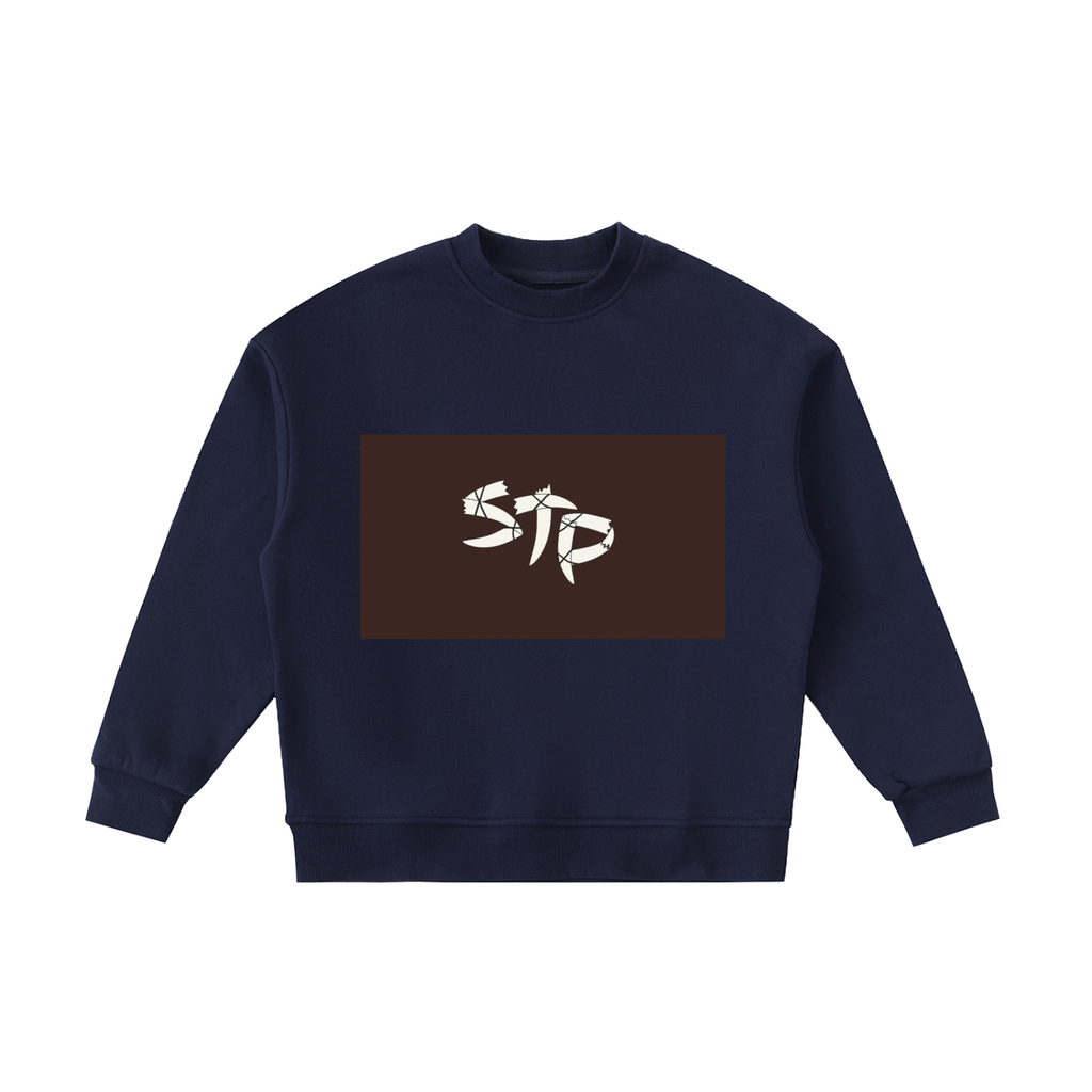 Navy blue sweatshirt with a brown rectangle and white logo on a white background