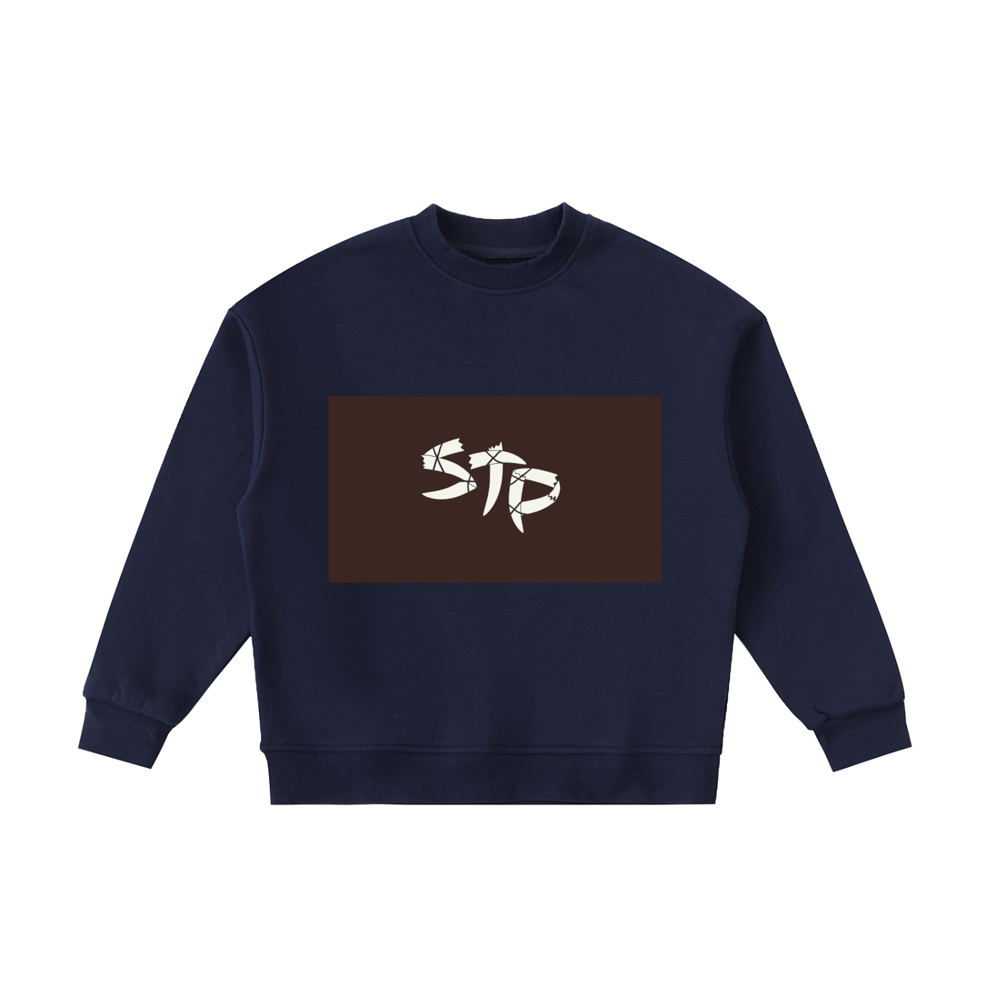 Navy blue sweatshirt with a brown rectangle and white logo on a white background