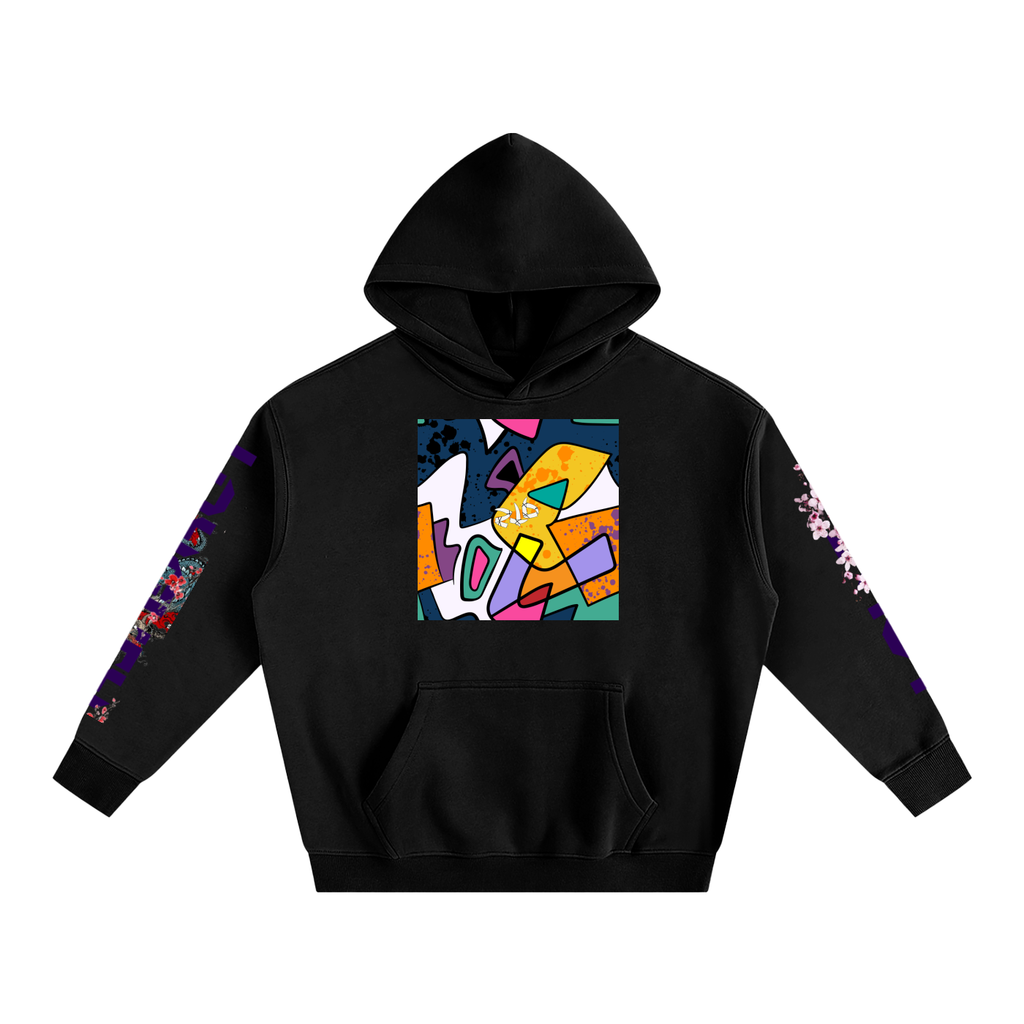 Black hoodie with colorful geometric design on a white background