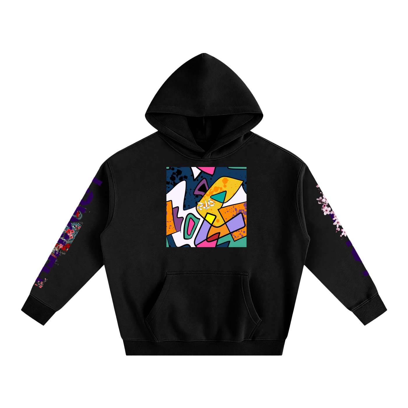 Black hoodie with colorful geometric design on a white background
