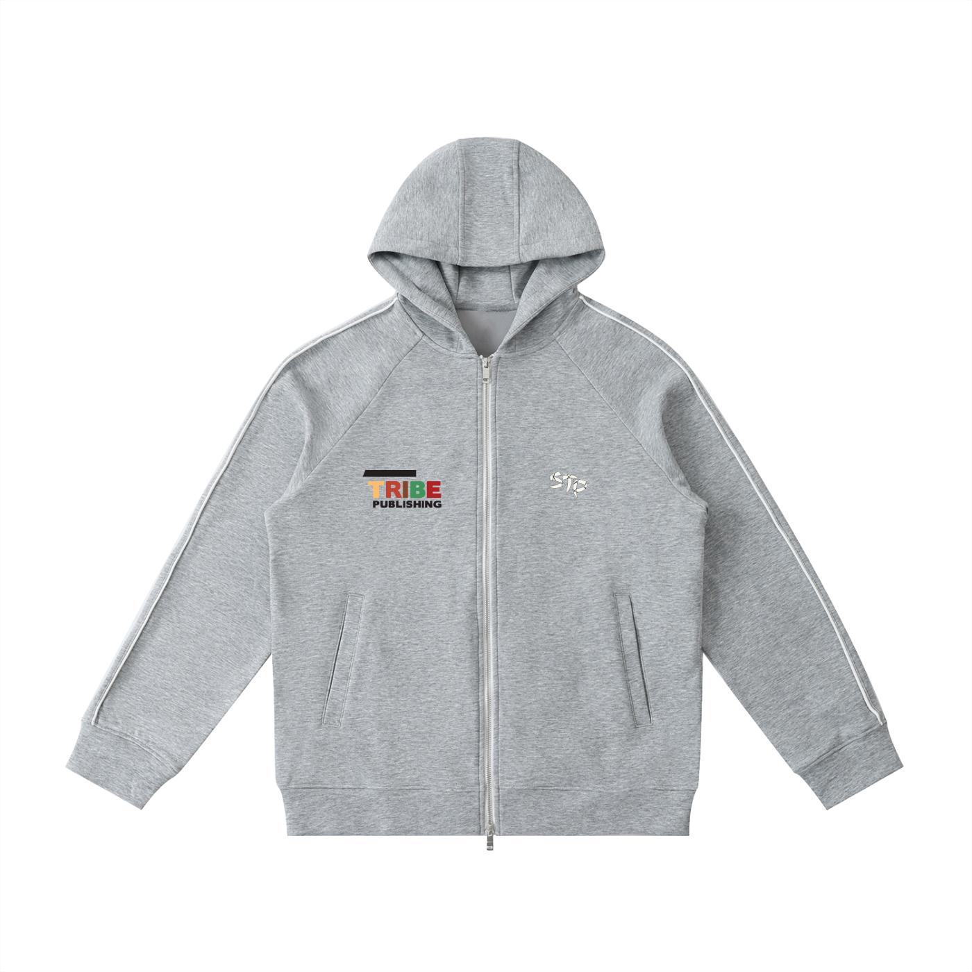 Gray hoodie with brand logos on a white background