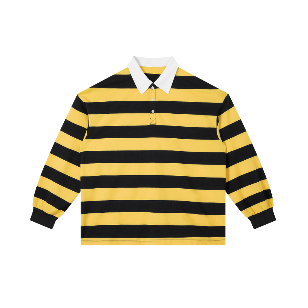 Yellow and black striped shirt with white collar on a white background