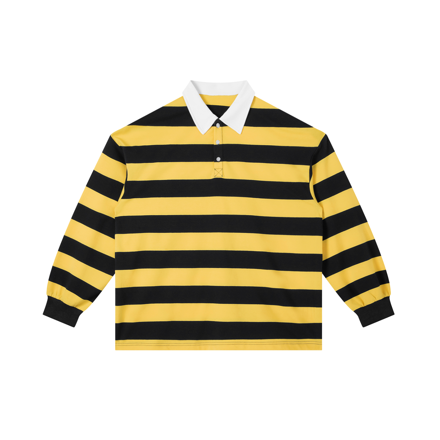 Yellow and black striped shirt with white collar on a white background