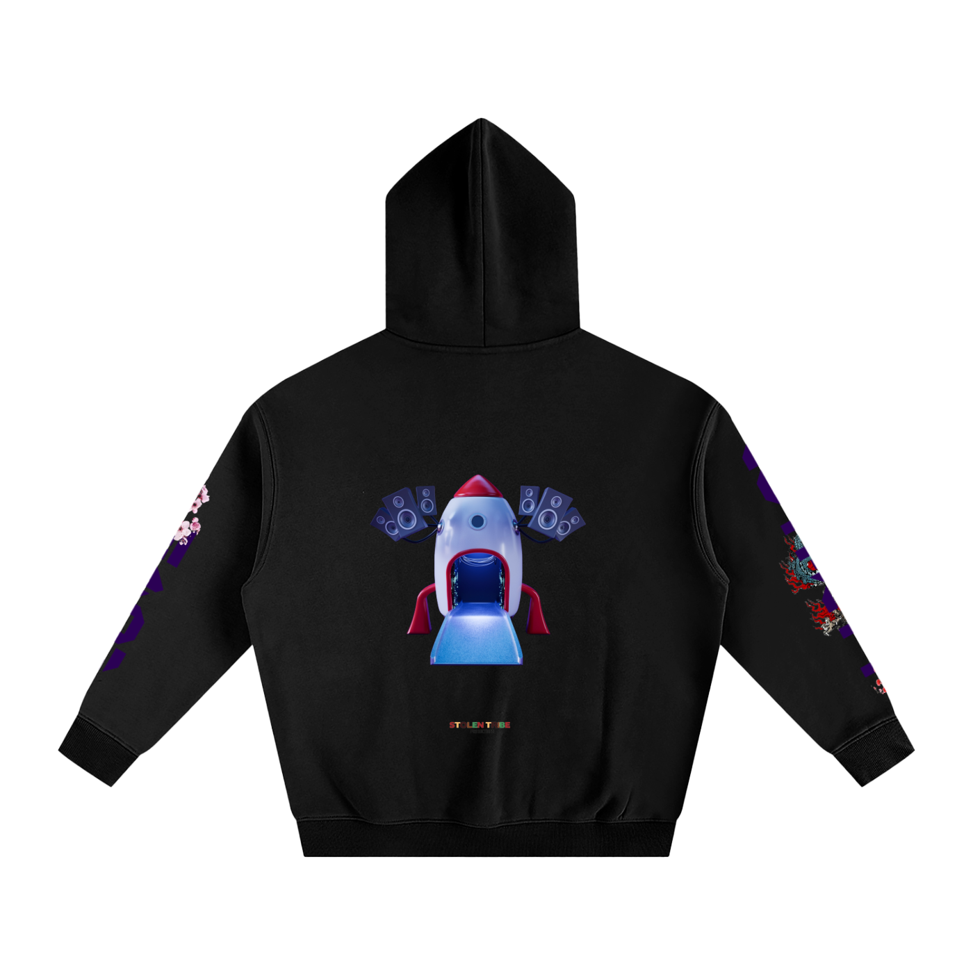 Black hoodie with a colorful rocket design on the back against a white background