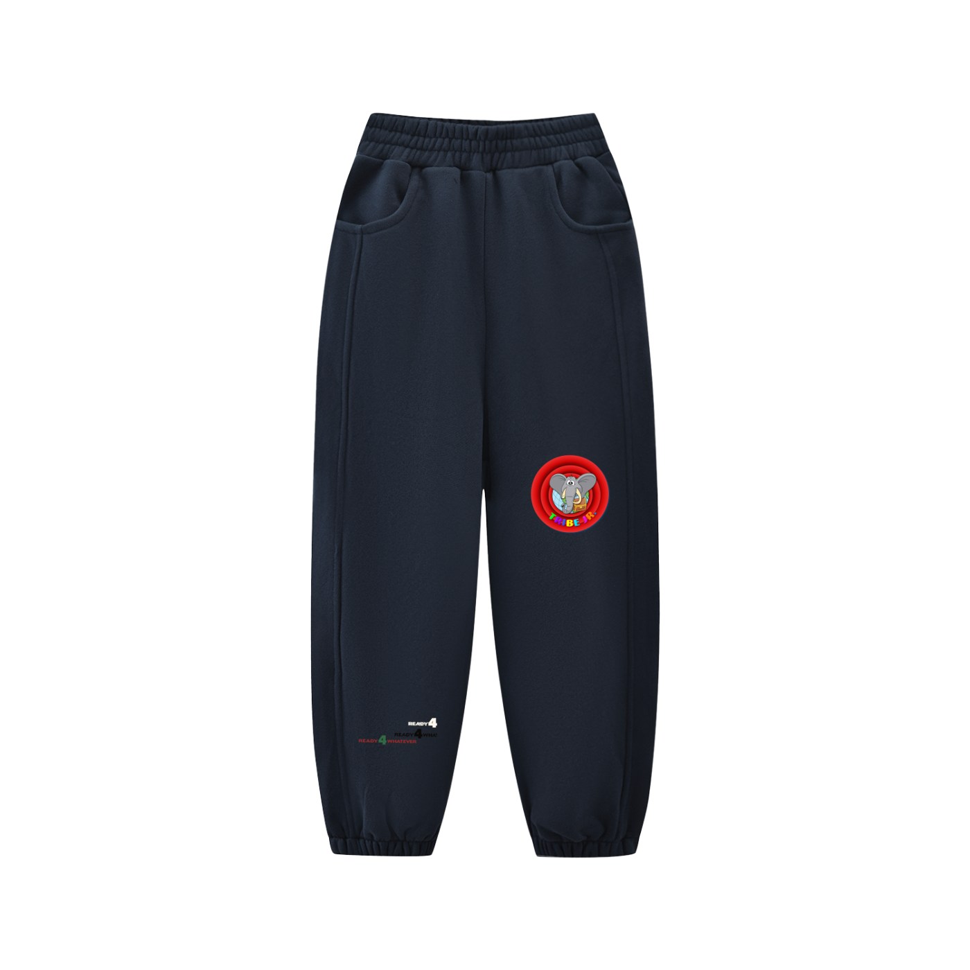 Black sweatpants with a red and blue logo on a white background