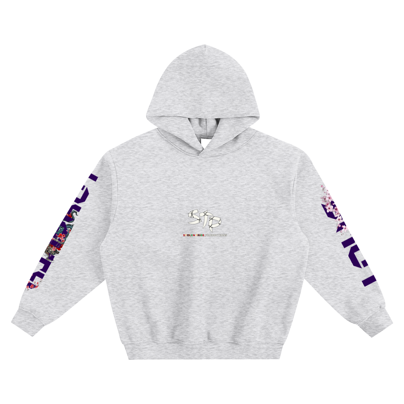Gray hoodie with colorful designs on sleeves against a white background