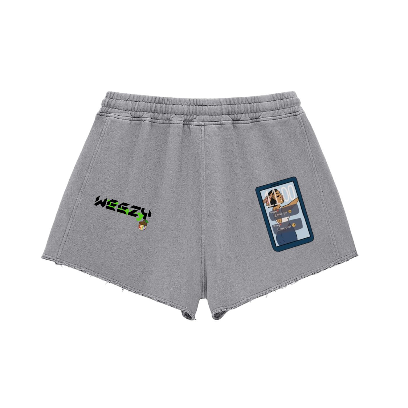 Gray shorts with a logo and card design on a white background