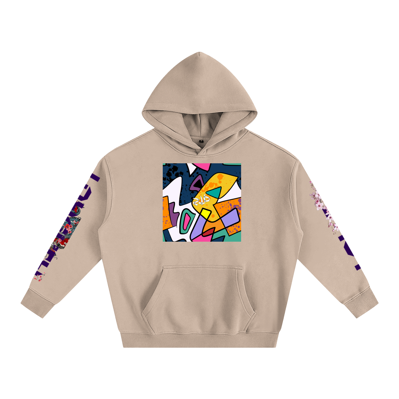 Beige hoodie with colorful geometric design on a white background