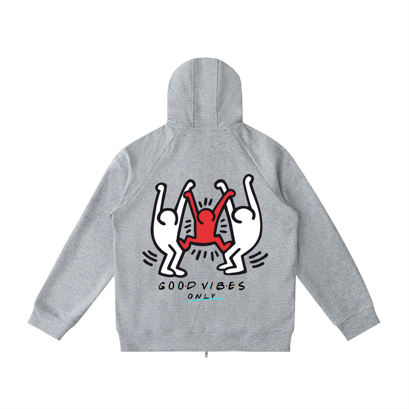 Gray hoodie with a graphic design on the back on a white background