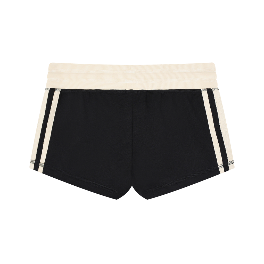 Black shorts with white waistband and side stripes on a white background